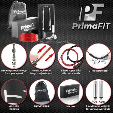 Скакалка PrimaFIT для дорослих, професійна, 3 м, зі змінними вагами, 2 підшипники, нековзні ручки, для боксу, MMA, кросфіту, сталева, чорна, з сумкою