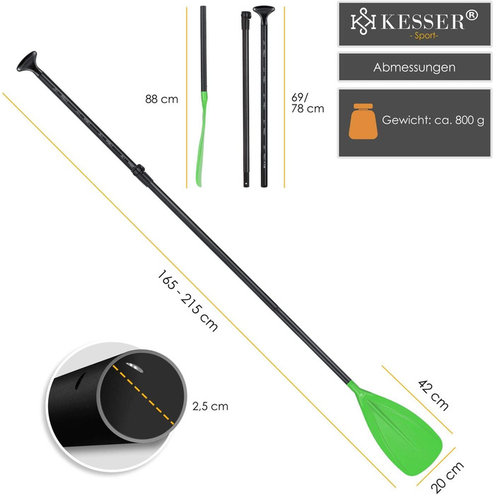 Весло KESSER 3-в-1 для каяка та SUP, алюмінієве, телескопічне 165-215 см, антиковзне, для сапборда, серфінгу, човна, зелене