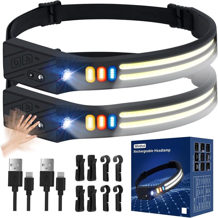 Кепка-ліхтар Winthai LED перезарядна, 2 надпотужні 450 люкс з 5 режимами, 1500mAh, кут огляду 230°, водонепроникна IPX4, для бігу, риболовлі, велоспорту, кемпінгу (6LED-2шт)