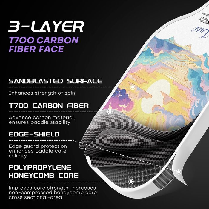Пікбол ракетка LUZZ T700 з карбону, з шароподібною поверхнею та сотовим ядром - для початківців, з підвищеною обертальною силою та контролем