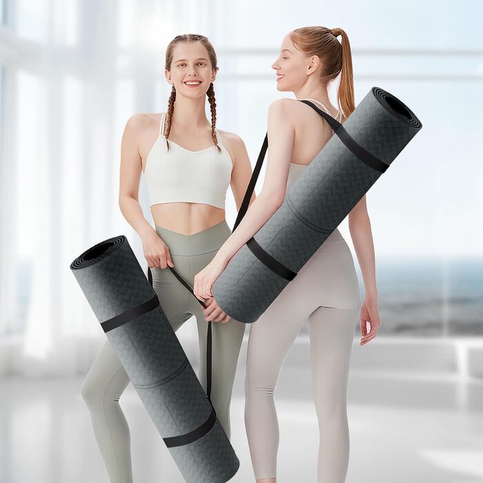 Протиковзкий килимок для йоги та пілатеса з еко-каучуку та TPE, 6мм, сірий — з лініями розмітки та ременем для перенесення