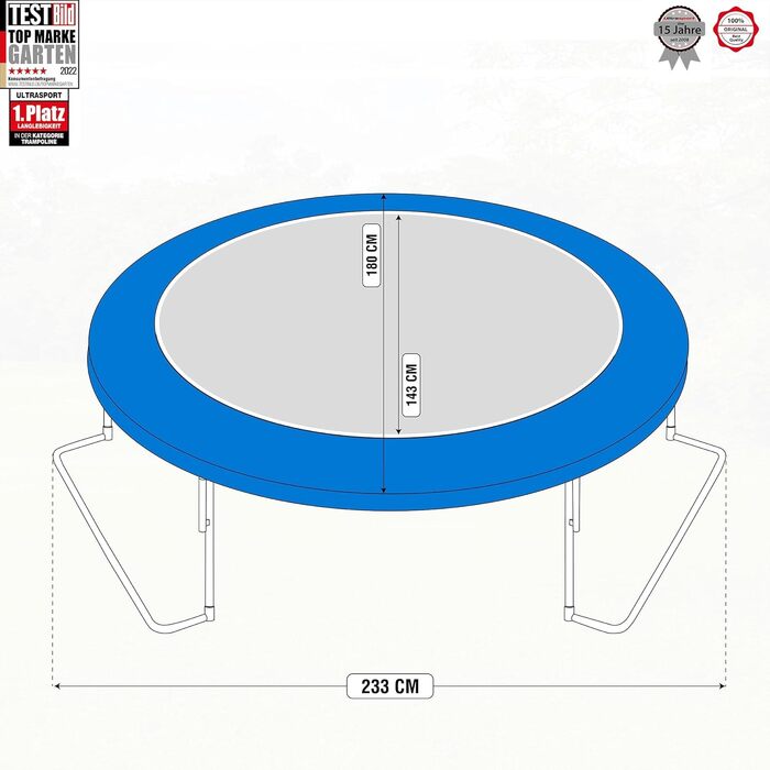 Трамплін Ultrasport SICHERSTE для дітей на відкритому повітрі Ø180-430 см, до 150 кг, з мережею безпеки та аксесуарами. Безпечний та тихий, блакитний.