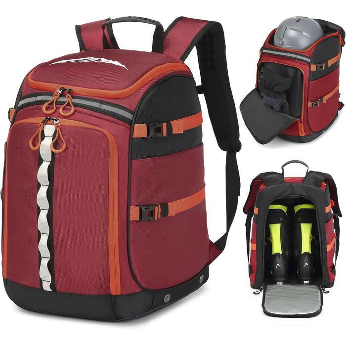 Сумка для лижних черевиків з відділенням для шолома, 65L, нейлон, рюкзак для лиж, роликів, ковзанів (червоний)