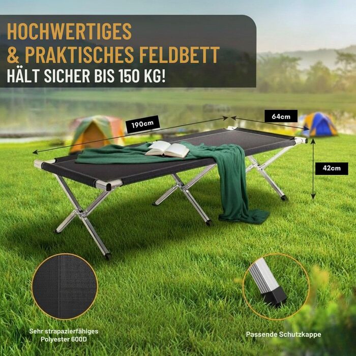 Ліжко кемпінгове Kronenburg XXL 210x72x45 см, сталеве, до 200 кг, чорне