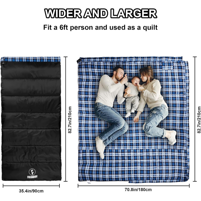 Спальний мішок фланелевий теплий 3-4 сезони XXL з бавовняним підкладком для дорослих, риболовлі, кемпінгу, піших прогулянок, легкий для дому та на вулицю, блакитний, 2lbs наповнювач