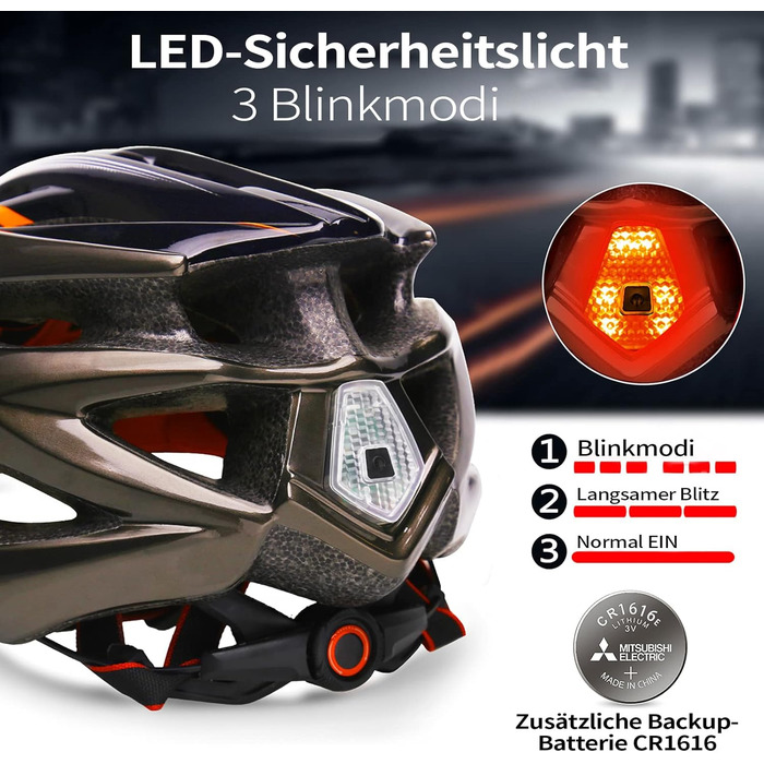 Велосипедний шолом Shinmax з візором та LED-ліхтарем, для дорослих, універсальний, знімний, для MTB, шосейних і гірських велосипедів, чорний/помаранчевий/титан, розмір 57-62 см