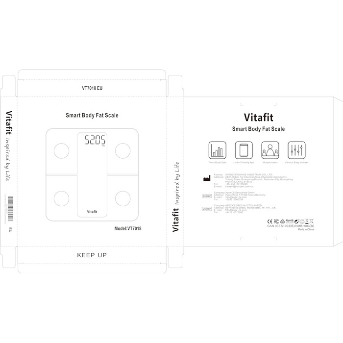 Ваги для вимірювання жиру та м'язової маси Vitafit з Bluetooth, аналіз складу тіла, додатком, індексом маси тіла, білками, BMR, сріблясті