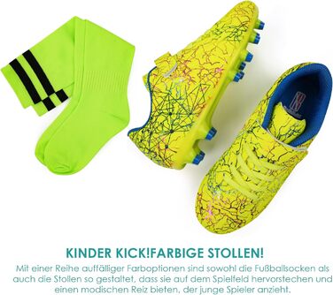 Дитячі футбольні бутси JABASIC для гри на твердих поверхнях, біло-блакитні, з футбольними шкарпетками (33 EU, лайм)