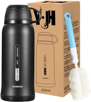 Термофляга Y·J&H з нержавіючої сталі, 650 мл, чорна. Подвійні стінки, без BPA, з кришкою-чашкою. Ідеальна для кави, чаю, кемпінгу та активного відпочинку.