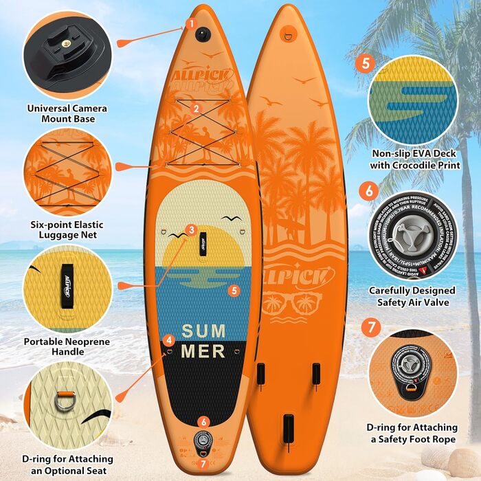 Надувна SUP-дошка ALLPICK Premium з камеротримачем, комплект аксесуарів, регульоване весло, для початківців і досвідчених, до 180 кг