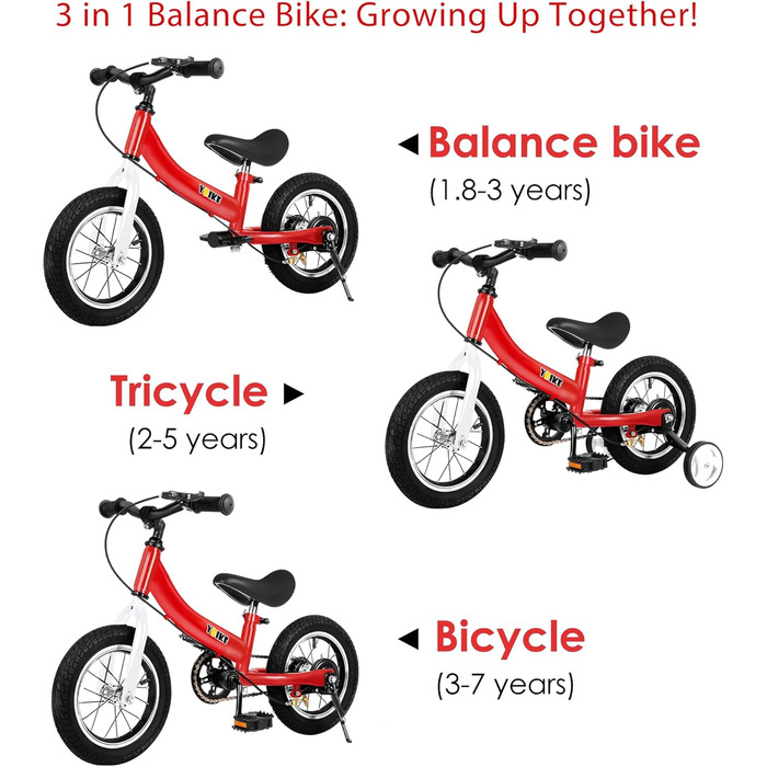 Дитячий велосипед YBIKE 2-в-1: біговел та велосипед, 12/14/16 дюймів, з гальмами та педалями, для дітей 1-7 років (червоний, 14 дюймів)