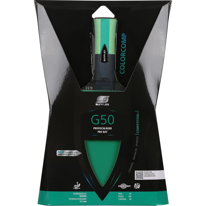 Sunflex Color COMP G50 – професійна ракетка для настільного тенісу, анатомічна ручка, ITTF сертифікований зелений наклад, для змагань та клубів