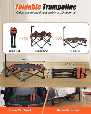 Трамплін для фітнесу Ø106 см, складаний з регульованою штангою, вантажопідйомність 150 кг, без встановлення, стабільний та тихий, для дітей та дорослих