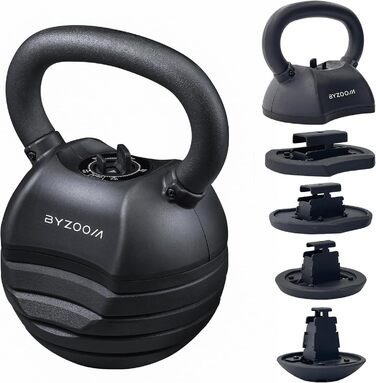 Регульована гиря BYZOOM FITNESS 13,6 кг 5-в-1, компактна для домашнього фітнесу, силових та функціональних тренувань, для чоловіків і жінок, чорна