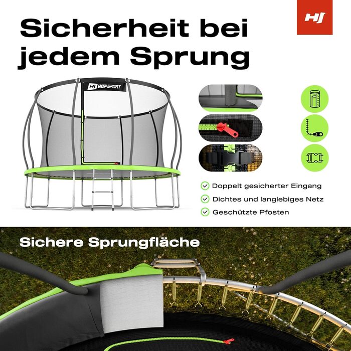 Трамплін Hop-Sport Outdoor – діаметр 244/305/366/427/488 см. Комплект з захисним сіткою, вигнутими ніжками та сертифікатами безпеки. У комплекті: сходи та захисний бордюр (для моделі 366 см)