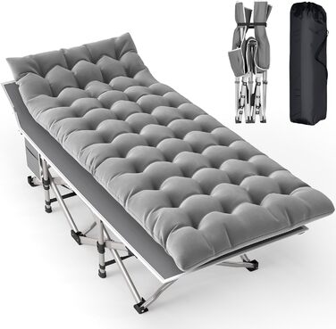 Розкладне ліжко Feldbett з матрацом, до 208 кг, сіре XL 190x71x35 см – для кемпінгу, гостей, саду, пляжу