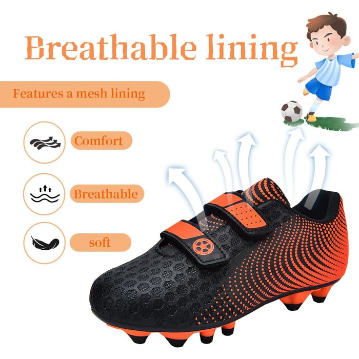 Дитячі футбольні бутси для хлопчиків та дівчаток, футбольні черевики з шипами для твердого поля, дитячі спортивні взуття для тренувань та занять на відкритому повітрі, дихаючі, антиковзкі, унісекс, розмір 28-37, 36 EU, чорний, оранжевий