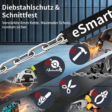 Замок для велосипеда Eseesmart з відбитки пальця та ключами, ланцюговий протикрадіжний замок (8мм x 1000мм), водонепроникний для електросамокатів, e-bike та мотоциклів
