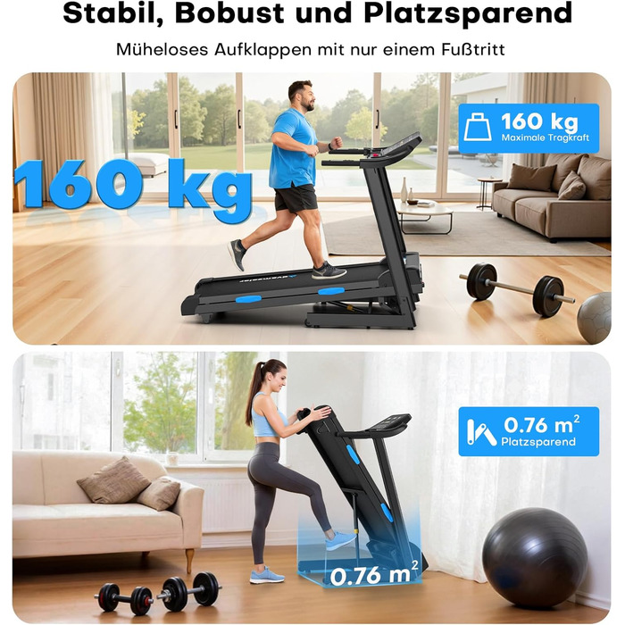 Бігова доріжка для дому складний з автоматичним нахилом, Walking Pad 14KM/H, біговий доріжка з 3.0-PS двигуном, 12 попередньо встановлених програм та фітнес-додаток, обладнання для фітнесу, вантажопідйомність 160Kg, чорний