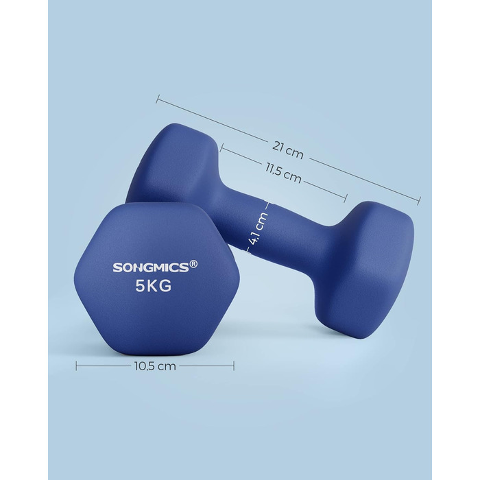 Гантелі SONGMICS 2 x 5 кг, неопрено́ві, шестигранні, набір для силових тренувань вдома, сині