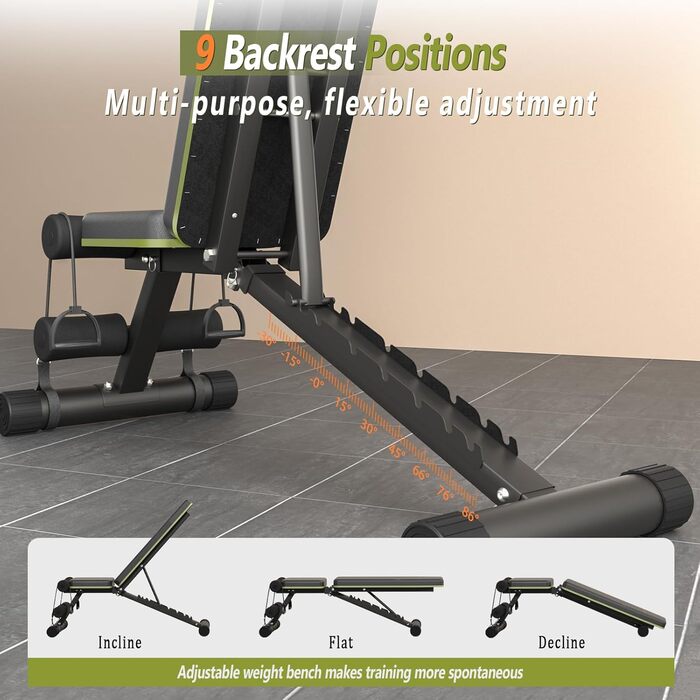 Регульована лава для тренажерного залу вдома, складана лава для занять спортом на 317,5 кг з 9 положеннями спинки, універсальна лава для жиму з можливістю нахилу та регулювання, з 2 еластичними стрічками