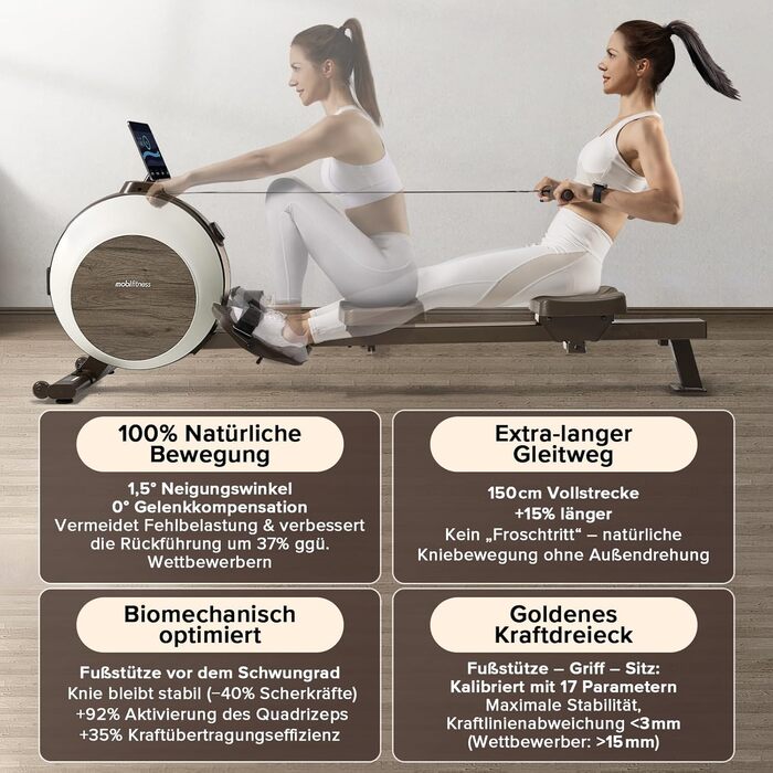 MOBI FITNESS: Горизонтальний тренажер для дому з магнітним опором, 40 рівнів, максимальне навантаження 160 кг, LED-дисплей (сумісний з Apple Watch)