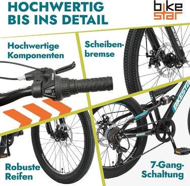 Дитячий гірський велосипед BIKESTAR 20 дюймів, 7 швидкостей Shimano, дискові гальма, для дітей від 6 років, чорний/зелений