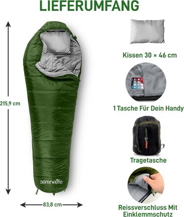 Сплячий мішок SereneLife для кемпінгу – теплий, водонепроникний, для зимового відпочинку, температура від -15°C до +12°C, з компресійним мішком та подушкою