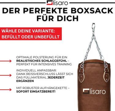 Боксерський мішок Lisaro Profi 150 см - для будь-якого спорту, 40 кг, з металевою ланцюгом, виготовлений з штучної шкіри (вініл), студійного рівня, коричневий