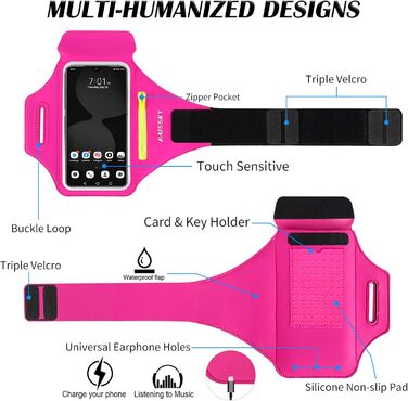 Спортивний браслет Haissky з кишенькою для навушників. Сумісний з iPhone, Huawei, Xiaomi, Galaxy. Сірий/Рожевий (до 6.9 дюймів)