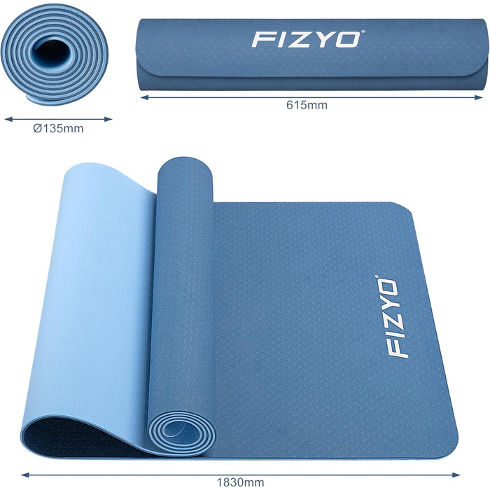 Йога-мат Fizyo, протиковзкий, TPE, 183×61 см, для фітнесу, пілатесу, з сумкою і ременем, синій, товщина 0,6 см