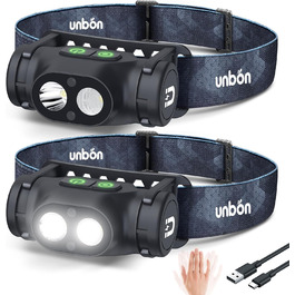Налобний ліхтар UNBON LED акумуляторний, перезаряджається через USB-C, дуже яскравий, з регулюванням яскравості, 3 режими, сенсор, IPX4, вологостійкий, для туризму, риболовлі, 2 шт.