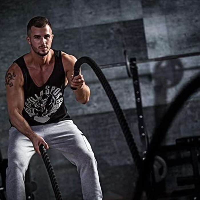 GORILLA SPORTS® Батл-канат 15 м, 38/50 мм, неслизькі ручки, нейлон, чорний – тренувальний канат для фітнесу, кросфіту, батл-роуп, для залу та спорту