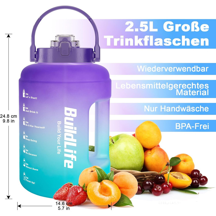 Спортивна пляшка BuildLife 2.5л з міткою часу та двома кришками - без BPA - для спортзалу (2500 мл, фіолетово-блакитний, 2500 мл)