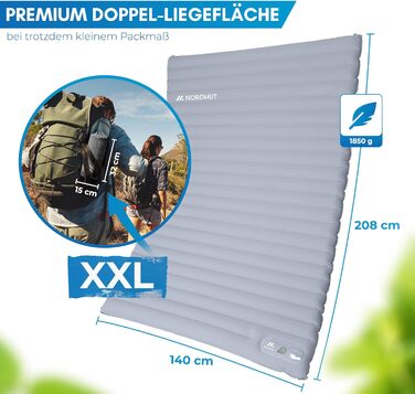 Надувний килимок NORDMUT® для 2 осіб, самонадувний, 10 см, сірий - комфортний килимок для кемпінгу та відпочинку на природі