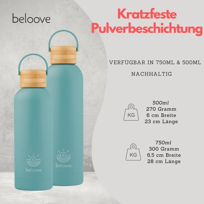 Термос-бутилка beloove з нержавіючої сталі, BPA-free, подвійні стінки, герметична, для газованої води, стійке до подряпин покриття, 500/750 мл