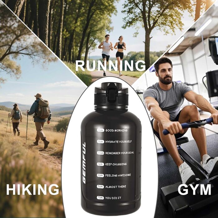 Пляшка спортивна GEMFUL 3л з міткою часу, соломинкою та ручкою, сіра. BPA-free, герметична, для фітнесу, тренувань та активного зволоження.