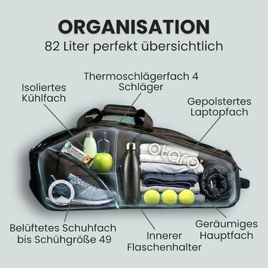 Сумка для тенісу Otaro Tennistasche 82L: для 4 ракеток, з термо-відсіком, відділенням для взуття, охолоджуючим відсіком, відділенням для ноутбука, чорна, водовідштовхувальна