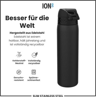 Сталева пляшка для води ION8 Evo Steel, 600 мл, герметична, з одним натисканням та замком, чорна