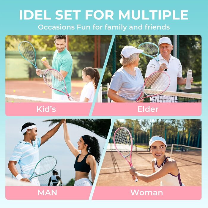 Набір тенісних ракет HIRALIY для дорослих, 68.6 см, 2 ракетки з натягнутою сіткою, 2 овергрипи, 3 м'ячі та сумка, для початківців, рожевий/зелений