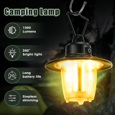 LED кемпінгова лампа: перезарядна, портативна, з гачком, ретро-дизайн, 3 режими світла, регулювання яскравості, 2800 mAh, IP65, для намету, кемпінгу, надзвичайних ситуацій