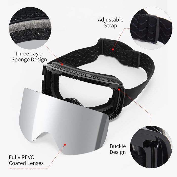 Скі-маска JQF Gear для унісекс, YH227 сноуборд маска OTG з антиковзним ремінцем, захист від УФ, антитуманність, скі-маски повністю покриті REVO, регульовані скі-окуляри для катання на лижах (09-Срібло/Чорний+Лінза (VLT13%))