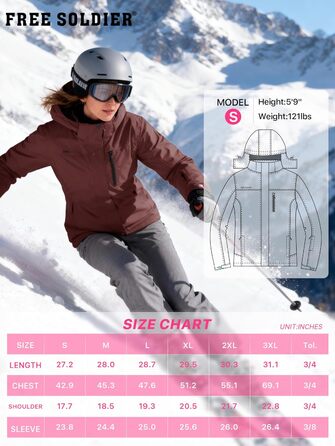 Жіноча водонепроникна куртка для сноубордингу та лижного спорту FREE SOLDIER з флісовою підкладкою, тепла зимова куртка з капюшоном, повністю проклеєні шви (XXL, Бордовий)