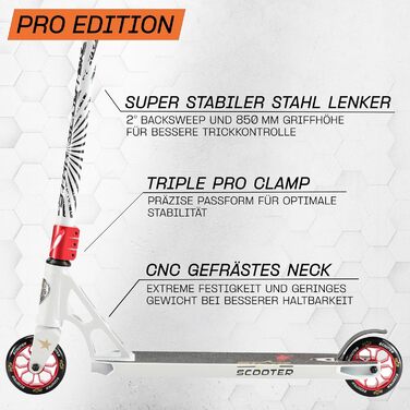 Самокат трюковий STAR SCOOTER Professional Freestyle (біло-червоний) з підшипниками ABEC-9, алюмінієвий, для дітей та підлітків від 8 років