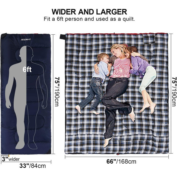 Спальний мішок Redcamp XL з бавовни, теплий, зі знімною капюшоном, фланелевий, компактний, 3-4 сезони, для дорослих та дітей, для кемпінгу, риболовлі, зимовий, блакитний, 2lbs наповнювач