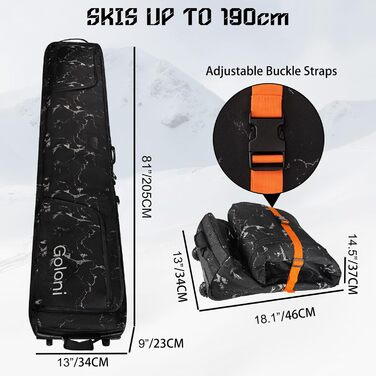 Чохол для сноуборду Goloni з роликами, для подорожей літаком, 600D водонепроникний матеріал, складаний чохол для 2 пар лиж (190см, Чорний/Білий)