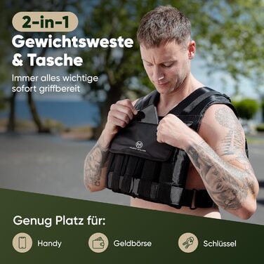 Вага для тренувань PURE MAJIN® 20 кг, регульована, з кишенею та металевим ременем | Фітнес, воркаут, біг, калістеніка, обладнання, вага, тренування - чорний або камуфляжний чорний