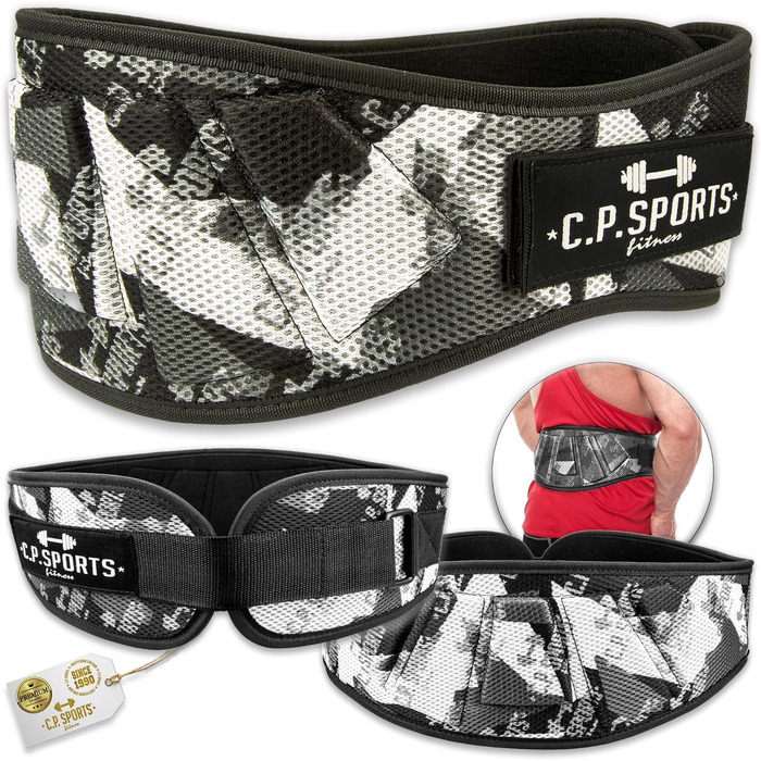 Пояс для важкої атлетики C.P. Sports – фітнес-пояс для бодібілдингу, силових тренувань, важкої атлетики. Міцний нейлоновий пояс для жінок та чоловіків, професійний, ультралегкий, розмір M (87-97 см), колір камуфляжний білий