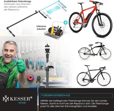 Підставка для велосипедів KESSER® Profi Alu: для ремонту та збирання гірських, електровелосипедів. 360° обертання, сумка, ремкомплект, магнітний органайзер для інструментів (антрацит)