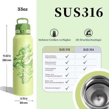 Термос-пляшка UZSPACE 1л (970мл) з нержавіючої сталі, ізольована, 1-click відкривання, не протікає, для спорту, туризму, фітнесу, тренажерного залу, на відкритий простір, колір: лісовий зелений